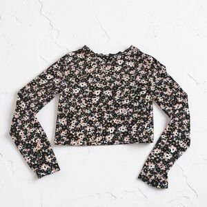 wild fable Black Floral Long-Sleeve Cropped Top